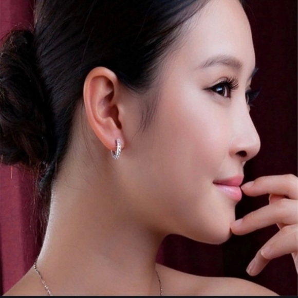 Sterling White Gold Plated HOOP ZIRCON EARRINGS - Picture 3 of 3